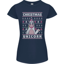 Funny Christmas Unicorn Pattern Womens Petite Cut T-Shirt Navy Blue