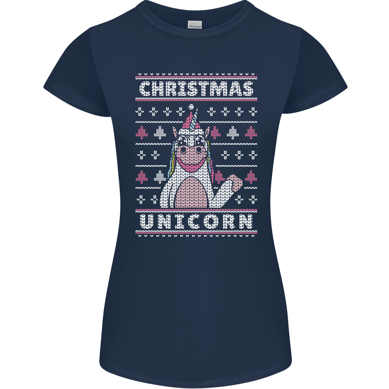 Funny Christmas Unicorn Pattern Womens Petite Cut T-Shirt Navy Blue
