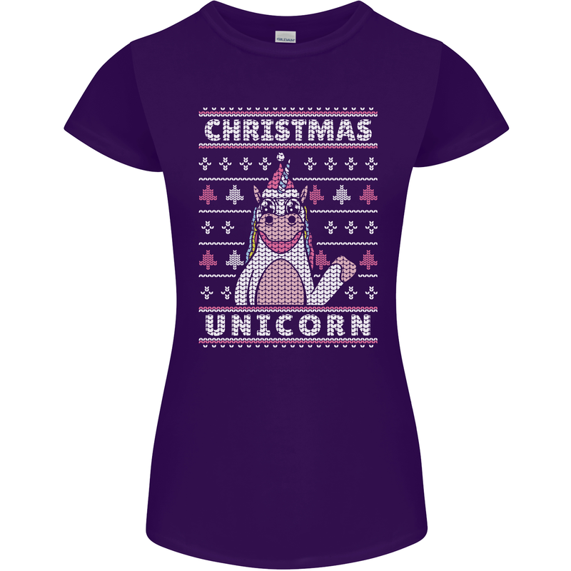 Funny Christmas Unicorn Pattern Womens Petite Cut T-Shirt Purple