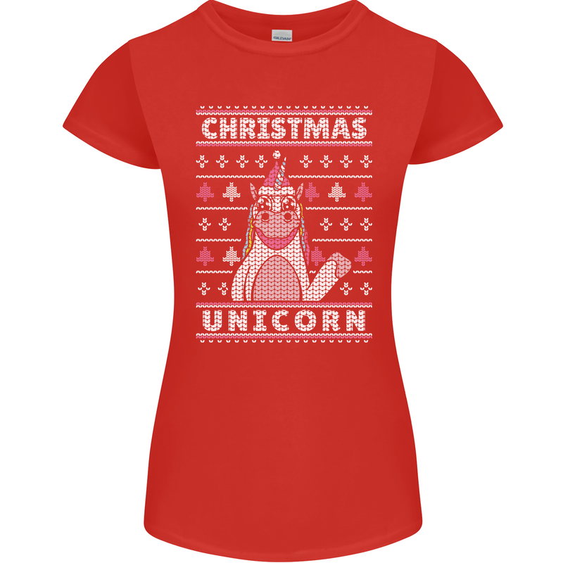 Funny Christmas Unicorn Pattern Womens Petite Cut T-Shirt Red