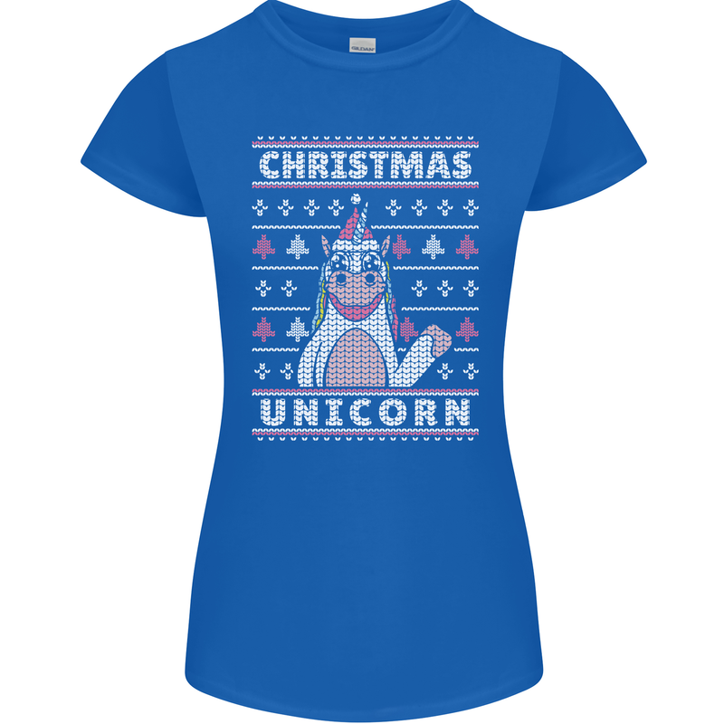 Funny Christmas Unicorn Pattern Womens Petite Cut T-Shirt Royal Blue