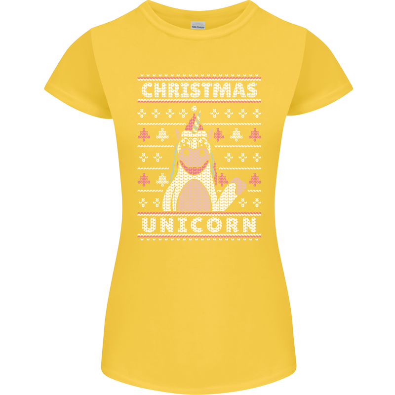 Funny Christmas Unicorn Pattern Womens Petite Cut T-Shirt Yellow