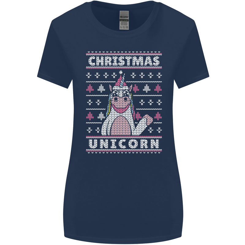 Funny Christmas Unicorn Pattern Womens Wider Cut T-Shirt Navy Blue
