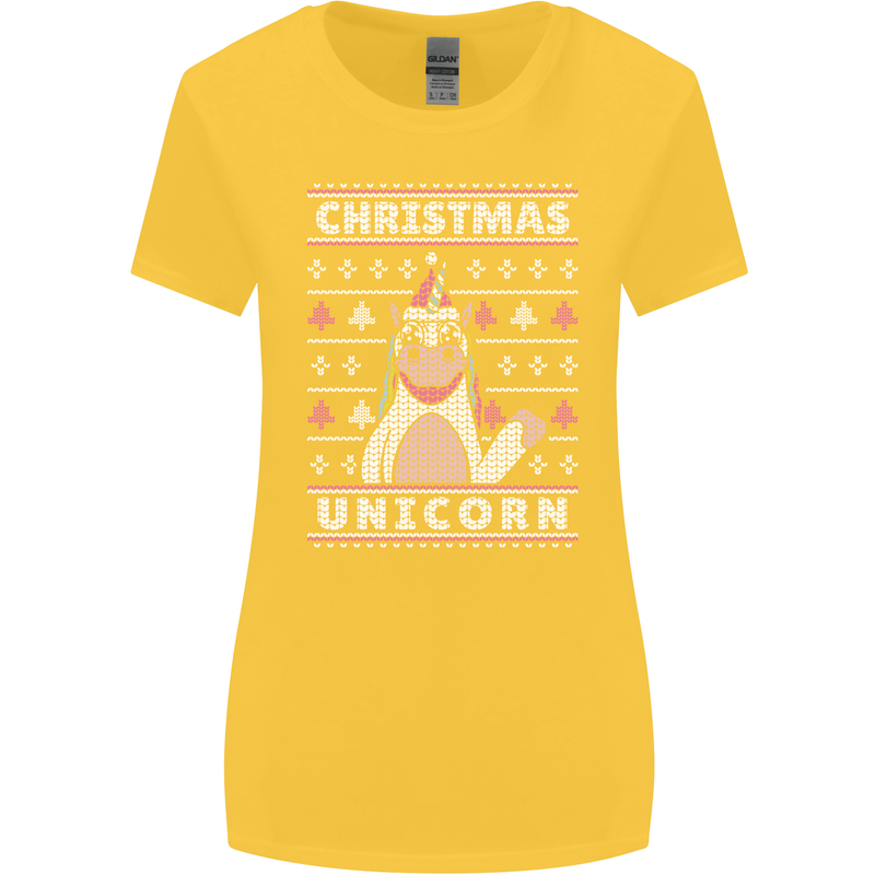 Funny Christmas Unicorn Pattern Womens Wider Cut T-Shirt Yellow