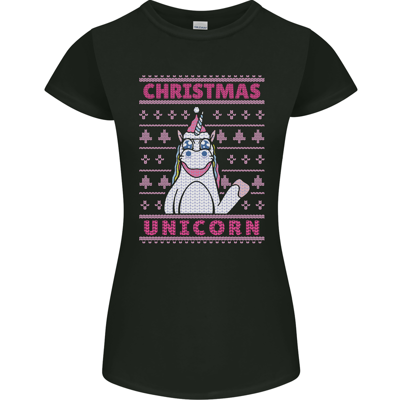 Funny Christmas Unicorn Womens Petite Cut T-Shirt Black