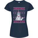 Funny Christmas Unicorn Womens Petite Cut T-Shirt Navy Blue