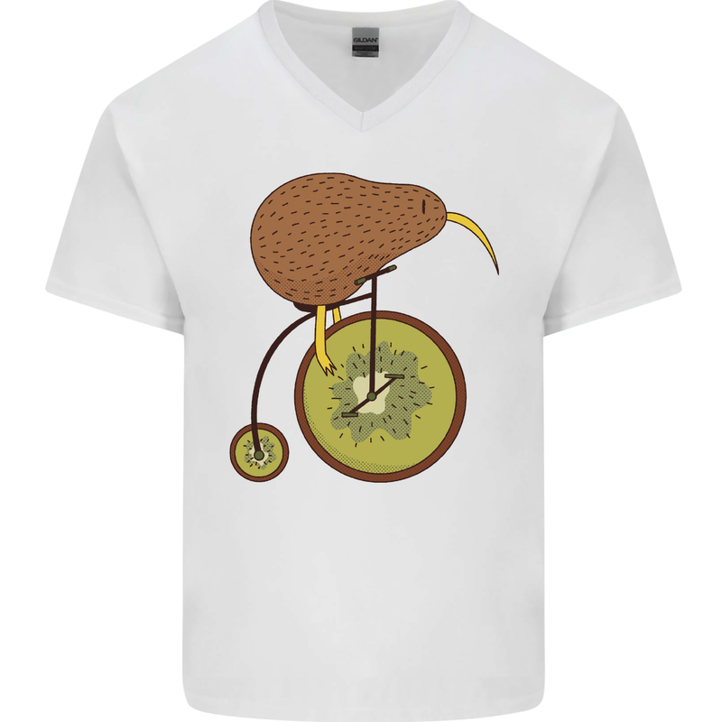 Funny Cycling Kiwi Bicycle Bike Mens V-Neck Cotton T-Shirt White