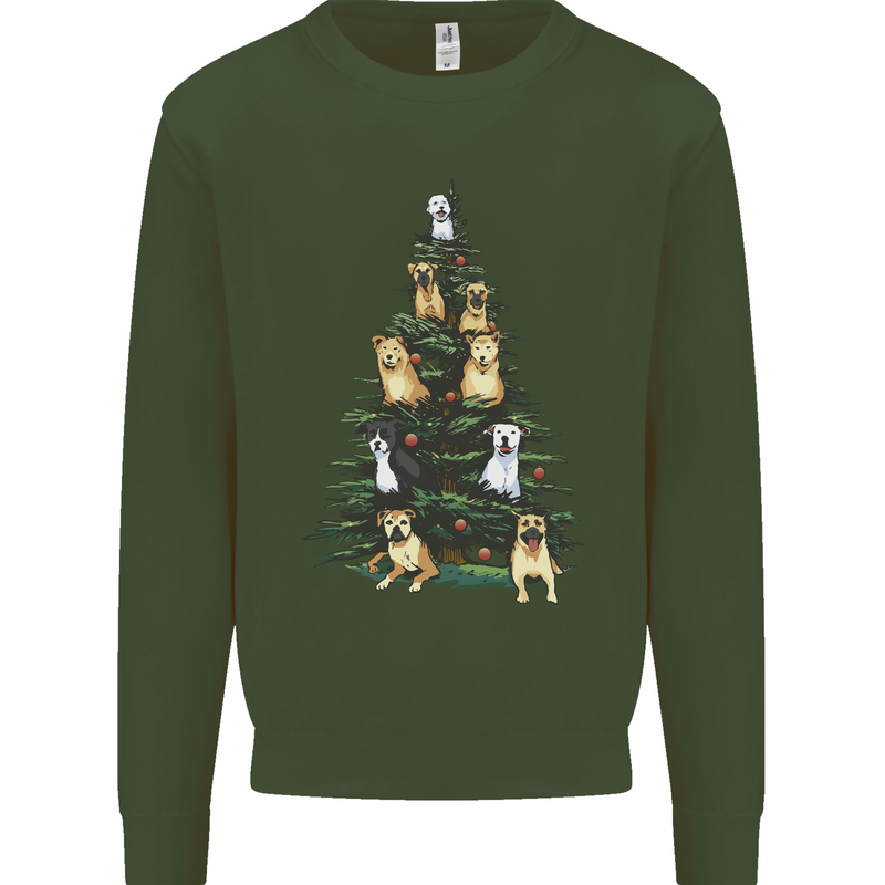 Funny Dog Christmas Tree Kids Sweatshirt Jumper Forest Green