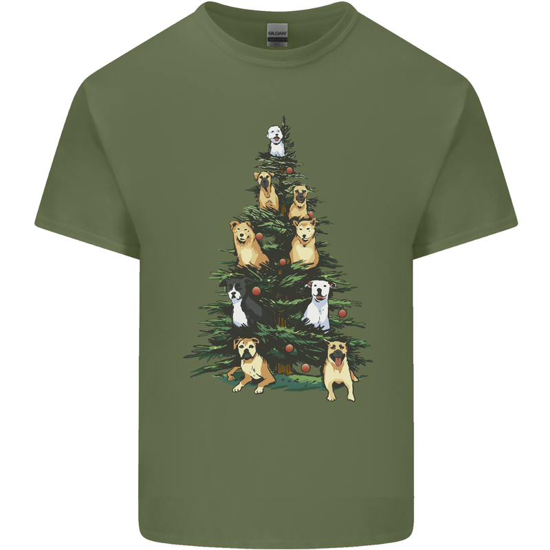 Funny Dog Christmas Tree Mens Cotton T-Shirt Tee Top Military Green