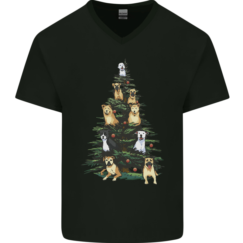 Funny Dog Christmas Tree Mens V-Neck Cotton T-Shirt Black