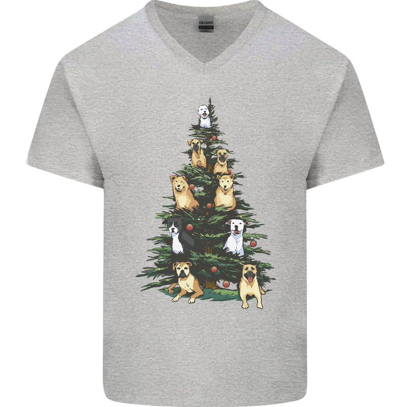 Funny Dog Christmas Tree Mens V-Neck Cotton T-Shirt Sports Grey