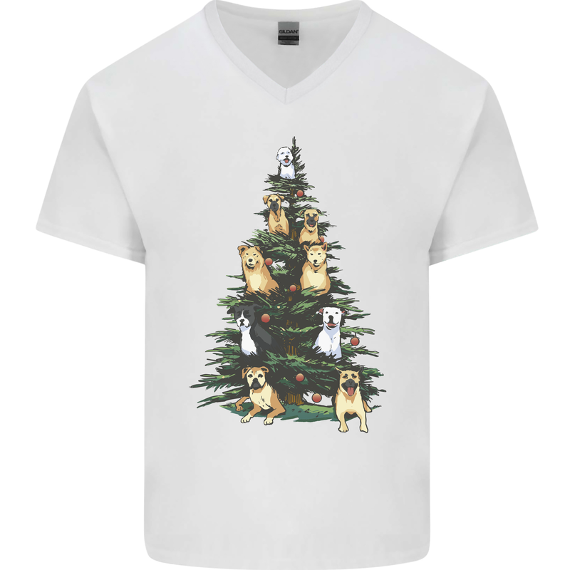 Funny Dog Christmas Tree Mens V-Neck Cotton T-Shirt White