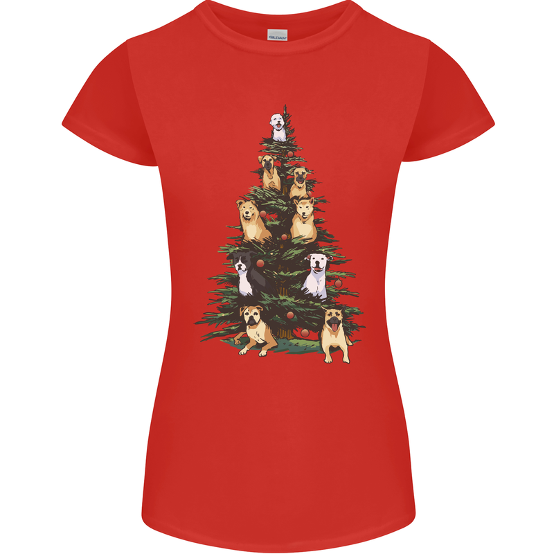 Funny Dog Christmas Tree Womens Petite Cut T-Shirt Red