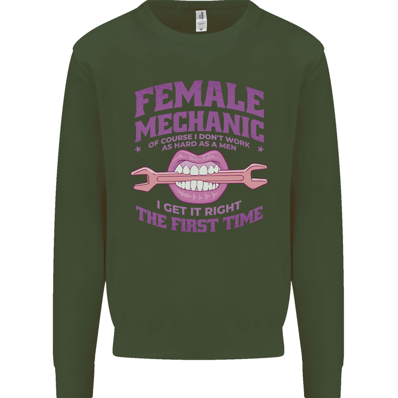 Funny Female Mechanic Kids Sweatshirt Jumper Forest Green