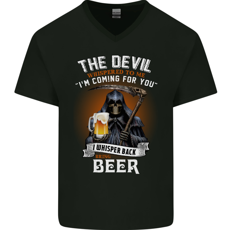 Funny Grim Reaper Devil With Beer Alcohol Mens V-Neck Cotton T-Shirt Black