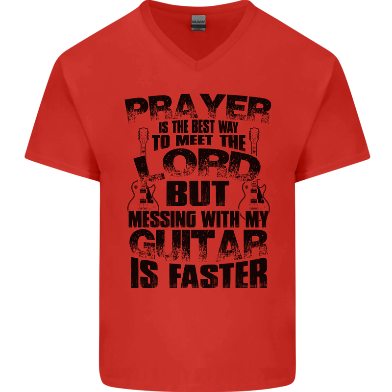 Funny Guitar Slogan Mens V-Neck Cotton T-Shirt Red