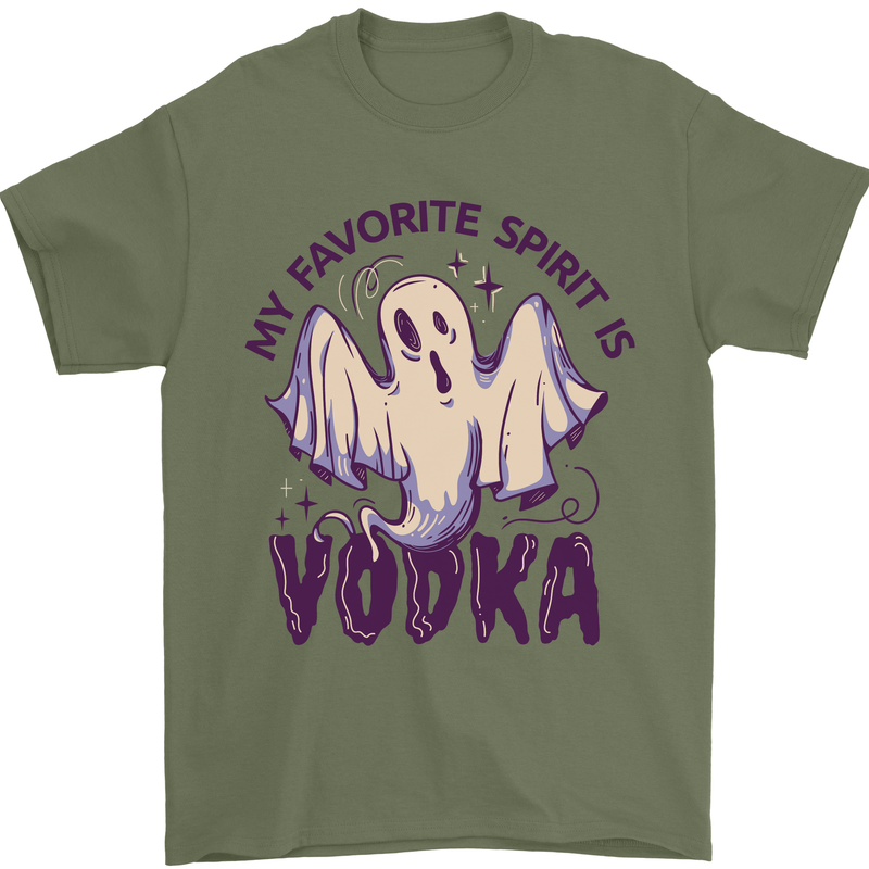 Funny Halloween Alcohol Vodka Spirit Ghost Mens T-Shirt Cotton Gildan Military Green