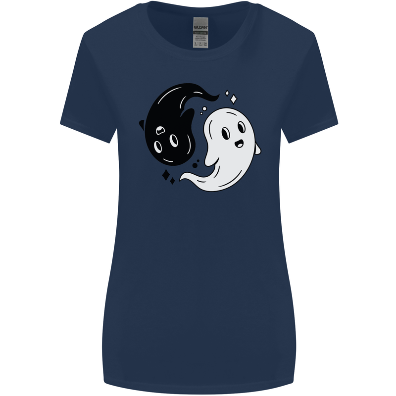 Funny Halloween Ying Yang Ghosts Womens Wider Cut T-Shirt Navy Blue