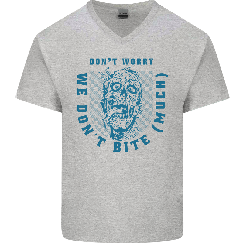 Funny Halloween Zombie We Dont Bite Much Mens V-Neck Cotton T-Shirt Sports Grey