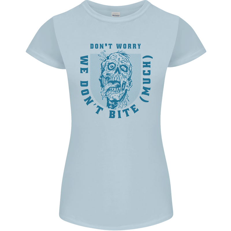 Funny Halloween Zombie We Dont Bite Much Womens Petite Cut T-Shirt Light Blue