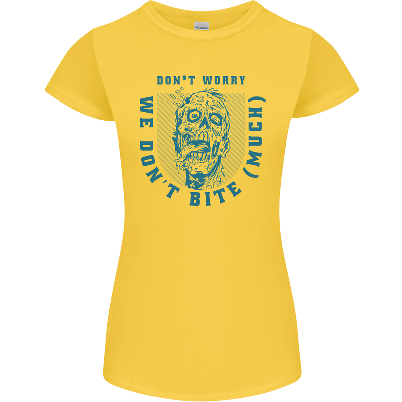 Funny Halloween Zombie We Dont Bite Much Womens Petite Cut T-Shirt Yellow