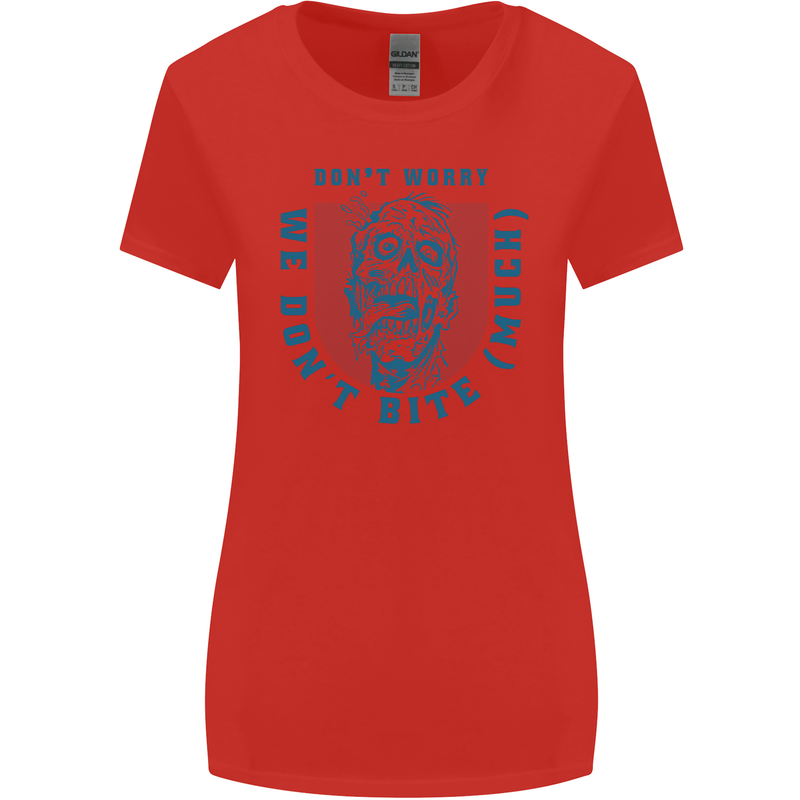 Funny Halloween Zombie We Dont Bite Much Womens Wider Cut T-Shirt Red