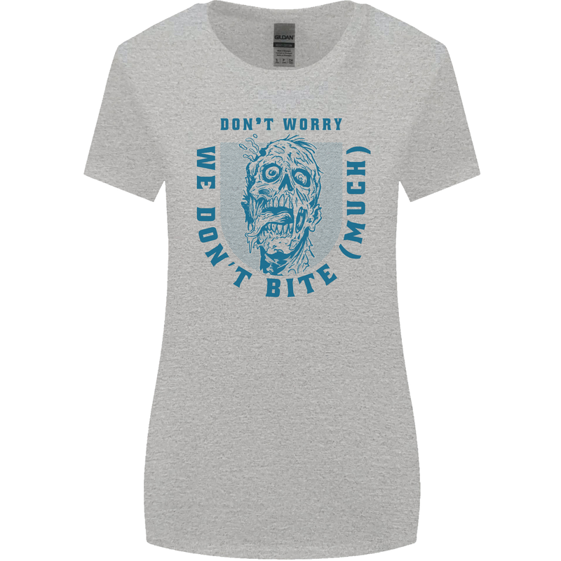 Funny Halloween Zombie We Dont Bite Much Womens Wider Cut T-Shirt Sports Grey