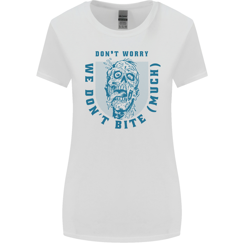 Funny Halloween Zombie We Dont Bite Much Womens Wider Cut T-Shirt White
