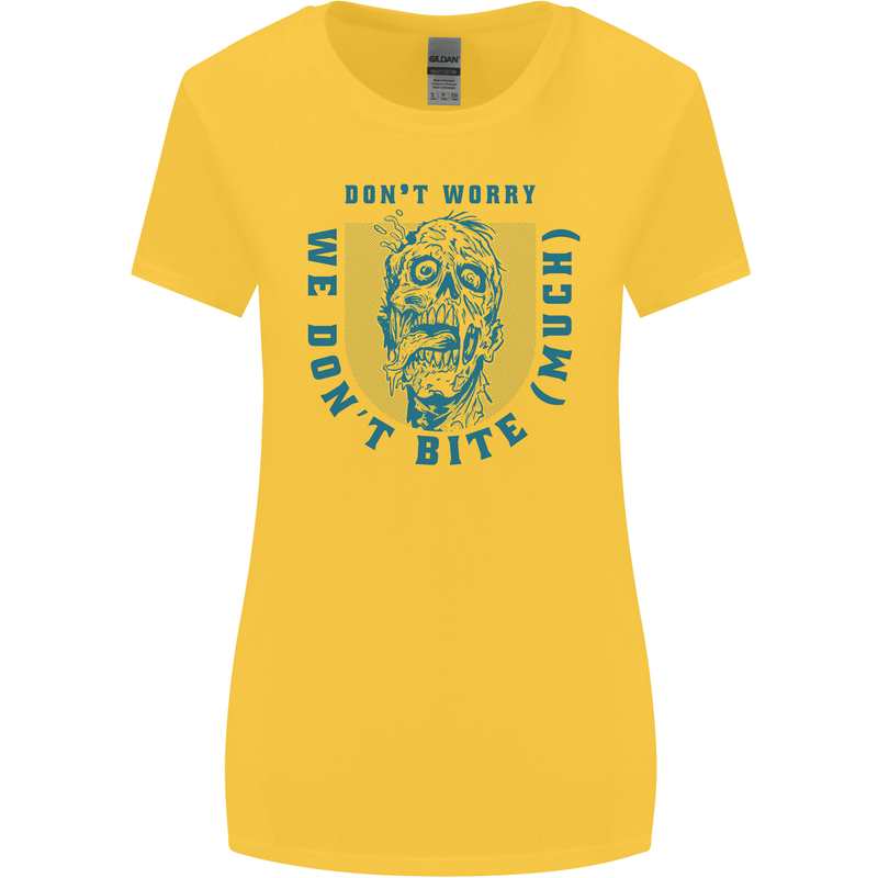 Funny Halloween Zombie We Dont Bite Much Womens Wider Cut T-Shirt Yellow