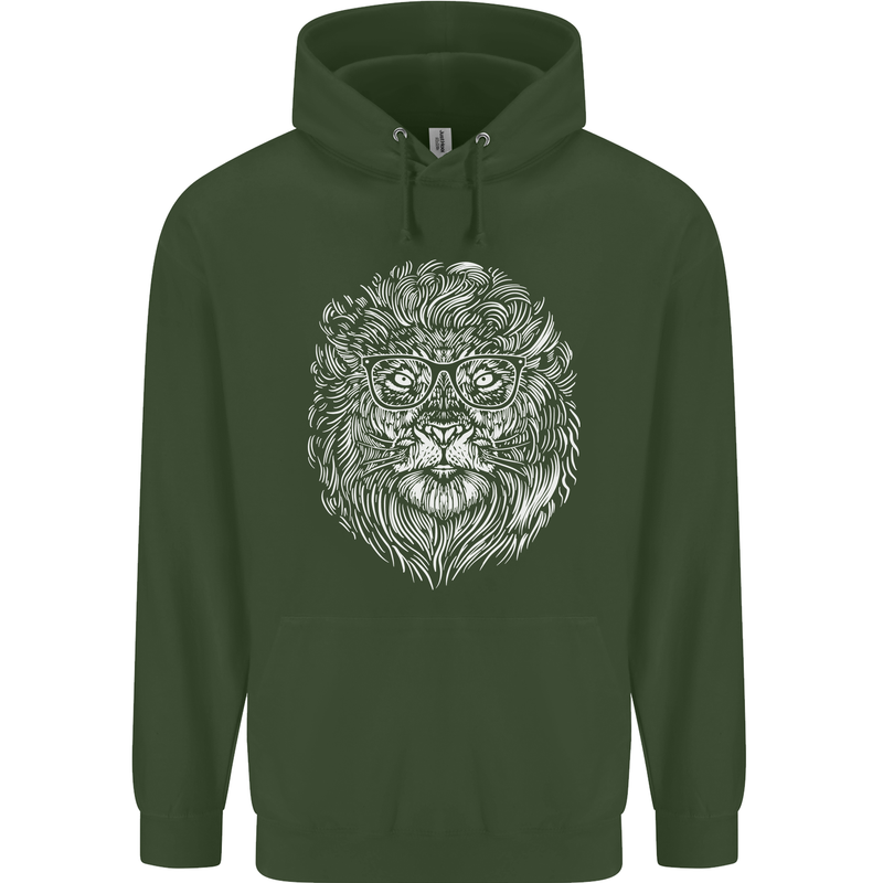 Funny Hipster Lion Childrens Kids Hoodie Forest Green
