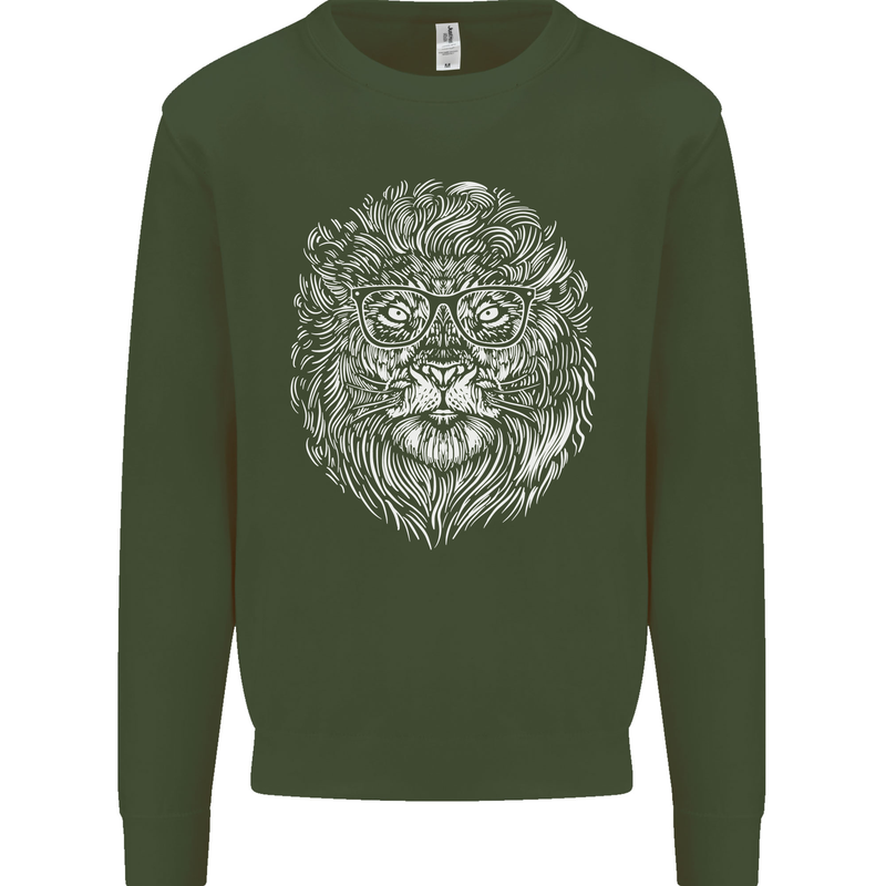 Funny Hipster Lion Kids Sweatshirt Jumper Forest Green