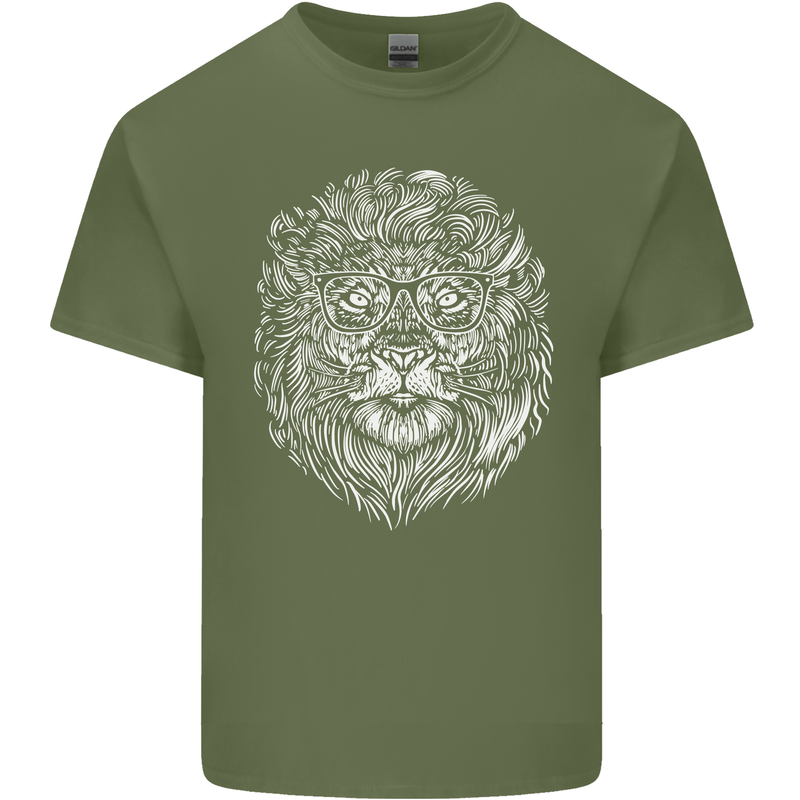 Funny Hipster Lion Mens Cotton T-Shirt Tee Top Military Green