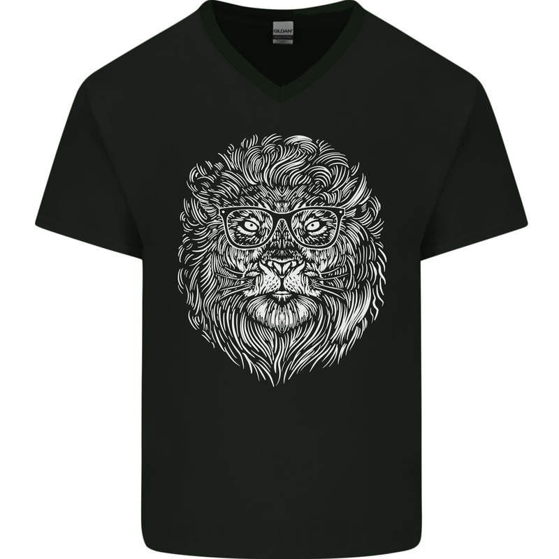 Funny Hipster Lion Mens V-Neck Cotton T-Shirt Black