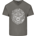 Funny Hipster Lion Mens V-Neck Cotton T-Shirt Charcoal
