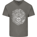 Funny Hipster Lion Mens V-Neck Cotton T-Shirt Charcoal