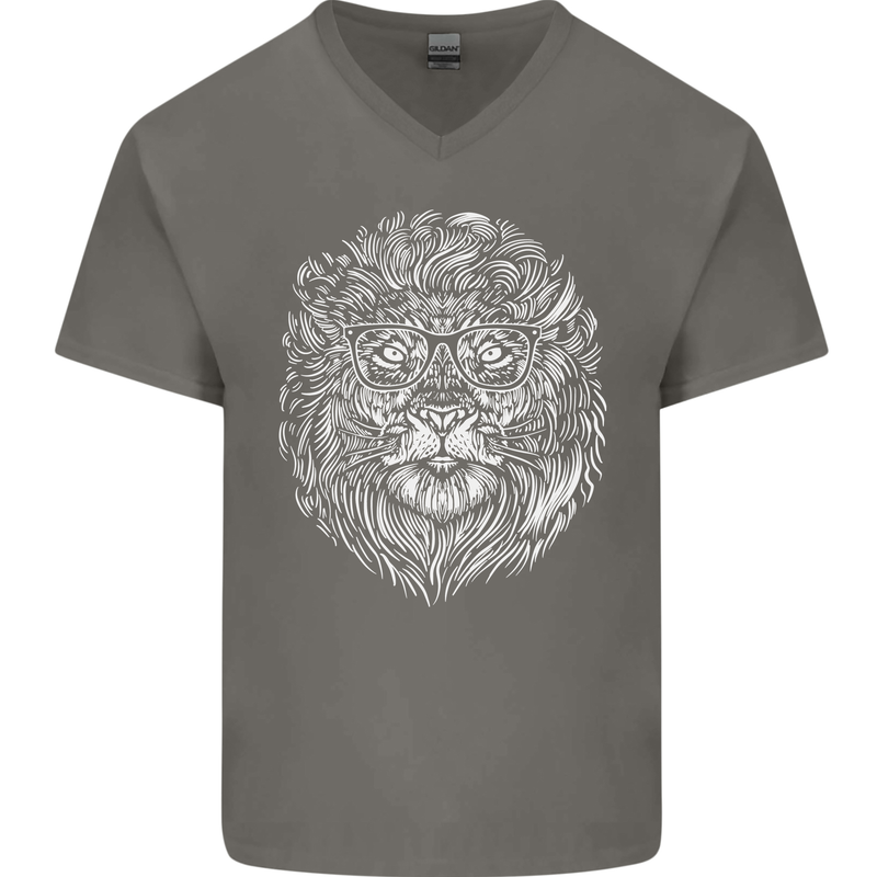 Funny Hipster Lion Mens V-Neck Cotton T-Shirt Charcoal