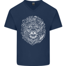 Funny Hipster Lion Mens V-Neck Cotton T-Shirt Navy Blue