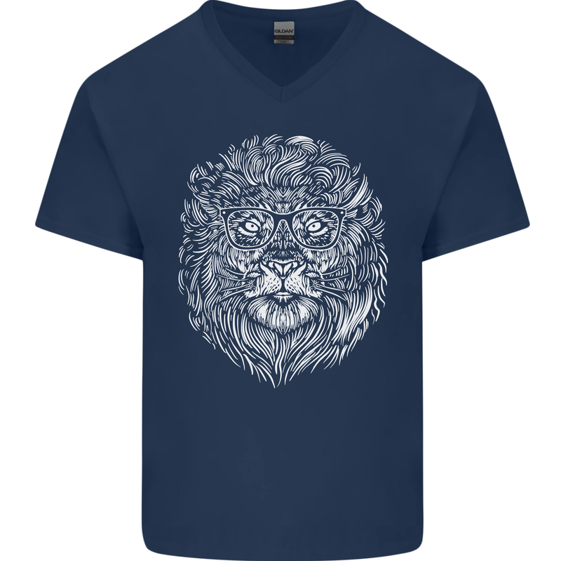 Funny Hipster Lion Mens V-Neck Cotton T-Shirt Navy Blue