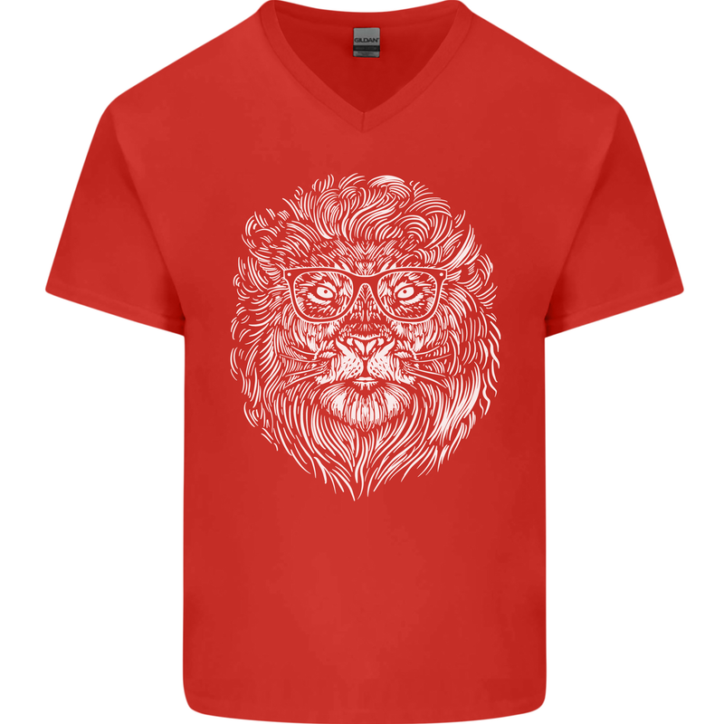 Funny Hipster Lion Mens V-Neck Cotton T-Shirt Red