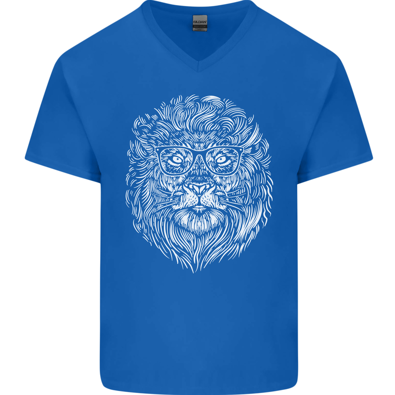 Funny Hipster Lion Mens V-Neck Cotton T-Shirt Royal Blue