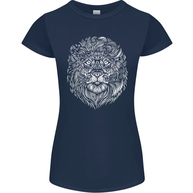 Funny Hipster Lion Womens Petite Cut T-Shirt Navy Blue