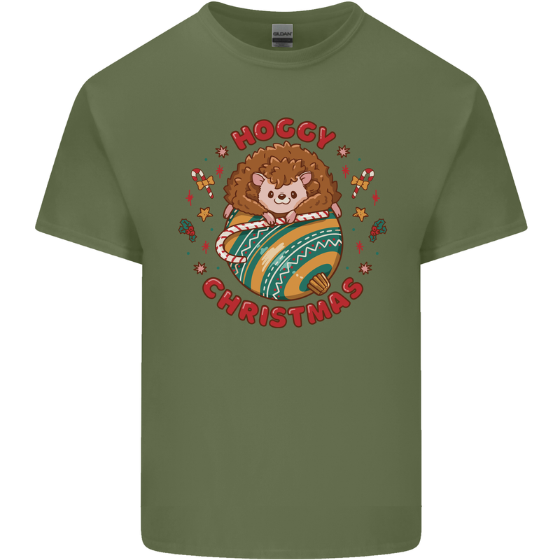 Funny Hoggy Christmas Hedgehog Mens Cotton T-Shirt Tee Top Military Green