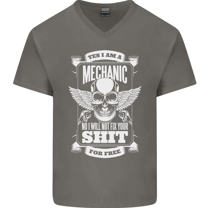 Funny Im a Mechanic No Wont Fix For Free Mens V-Neck Cotton T-Shirt Charcoal