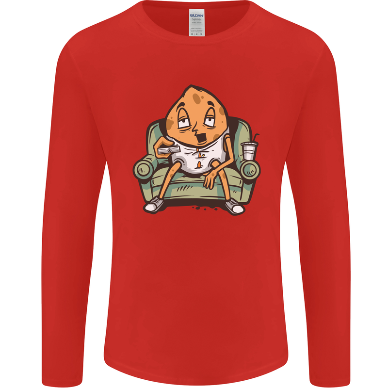 Funny Lazy Couch Potato Watchng TV Mens Long Sleeve T-Shirt Red