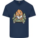 Funny Lazy Couch Potato Watchng TV Mens V-Neck Cotton T-Shirt Navy Blue