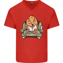 Funny Lazy Couch Potato Watchng TV Mens V-Neck Cotton T-Shirt Red