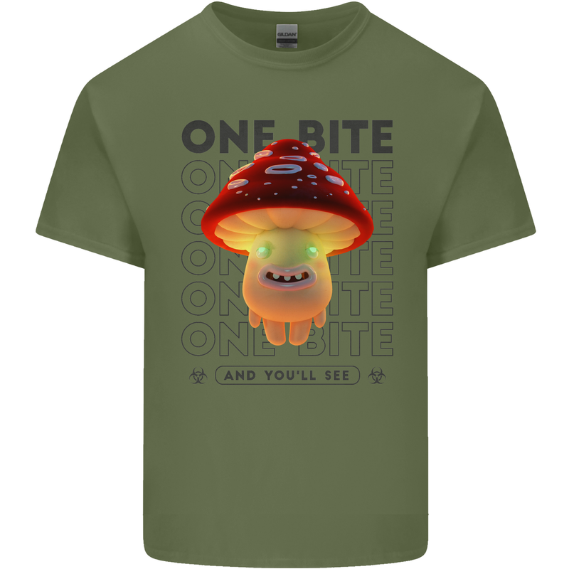 Funny Magic Mushrooms LSD Trippy Mens Cotton T-Shirt Tee Top Military Green