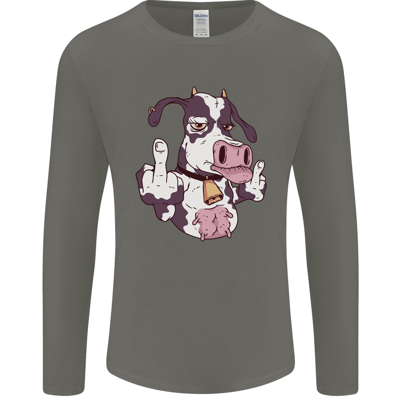 Funny Offensive Rude Cow Finger Flip Mens Long Sleeve T-Shirt Charcoal