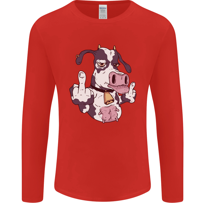 Funny Offensive Rude Cow Finger Flip Mens Long Sleeve T-Shirt Red