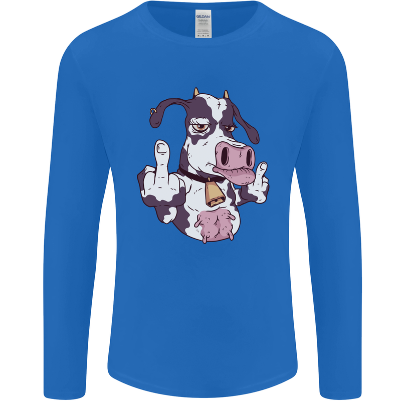Funny Offensive Rude Cow Finger Flip Mens Long Sleeve T-Shirt Royal Blue